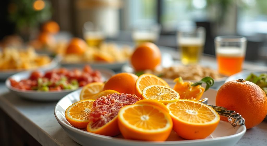 Frühstücksbuffet im Hotel mit frischen Orangen und Zitrusfrüchten